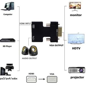 Hdmi To Vga Ses Destekli Monitör Çevirici Dönüştürücü Adaptör