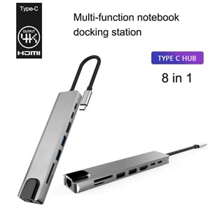 Type C To Hdmi Usb 3.0 Sd MicroSD 8in1 Kart Rj45 Ethernet Çevirici Dönüştürücü Adaptör