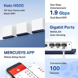 TP-Link Mercusys Halo H50G(3-Pack), AC1900 Mbps Tüm Ev Mesh Wi-Fi Sistemi