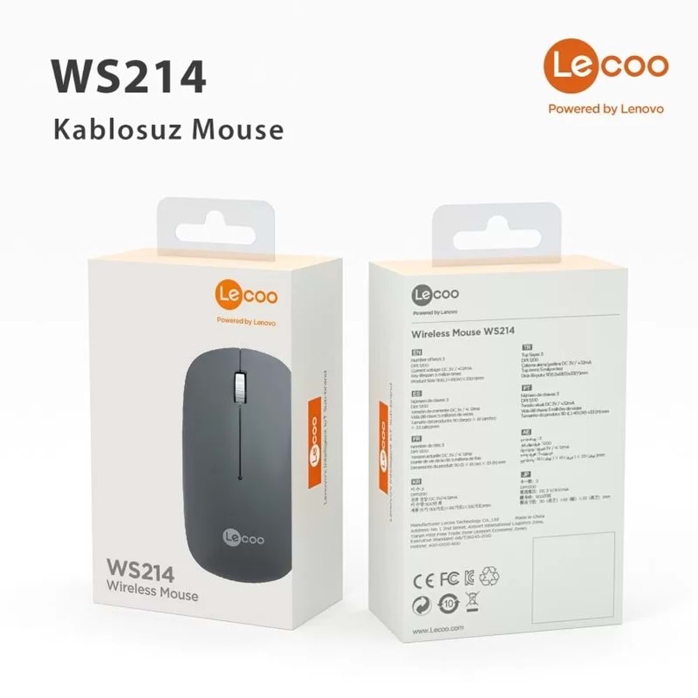 Lenovo Lecoo WS214 Kablosuz 1200 DPI 3 Tuşlu Optik Mouse Gri