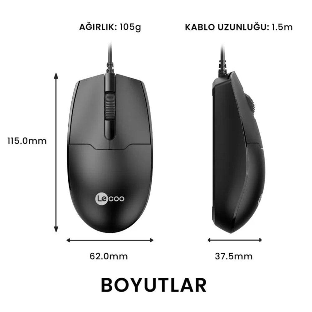 Lenovo Lecoo MS101 USB Kablolu 1200 DPI Optik Mouse Siyah