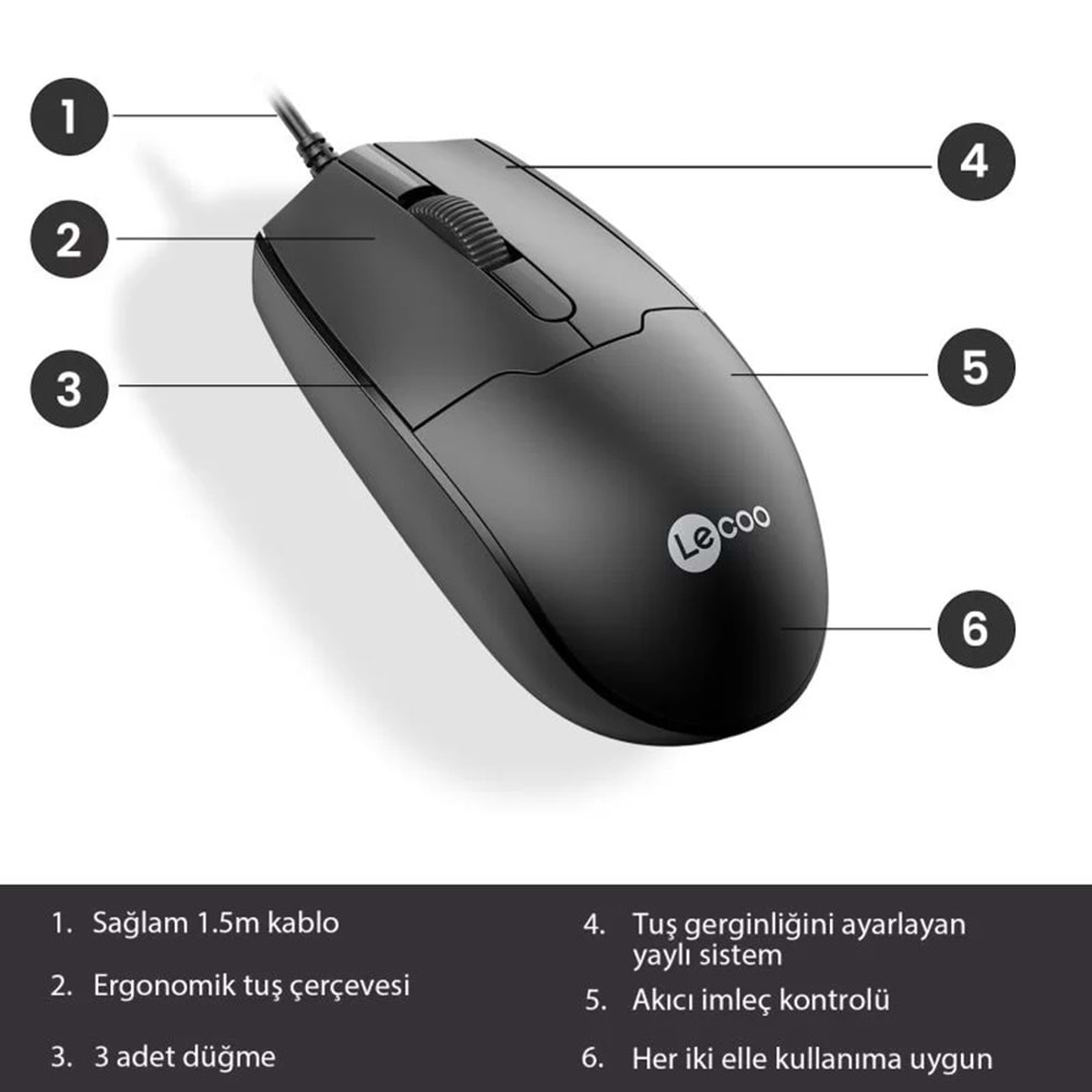 Lenovo Lecoo MS101 USB Kablolu 1200 DPI Optik Mouse Siyah