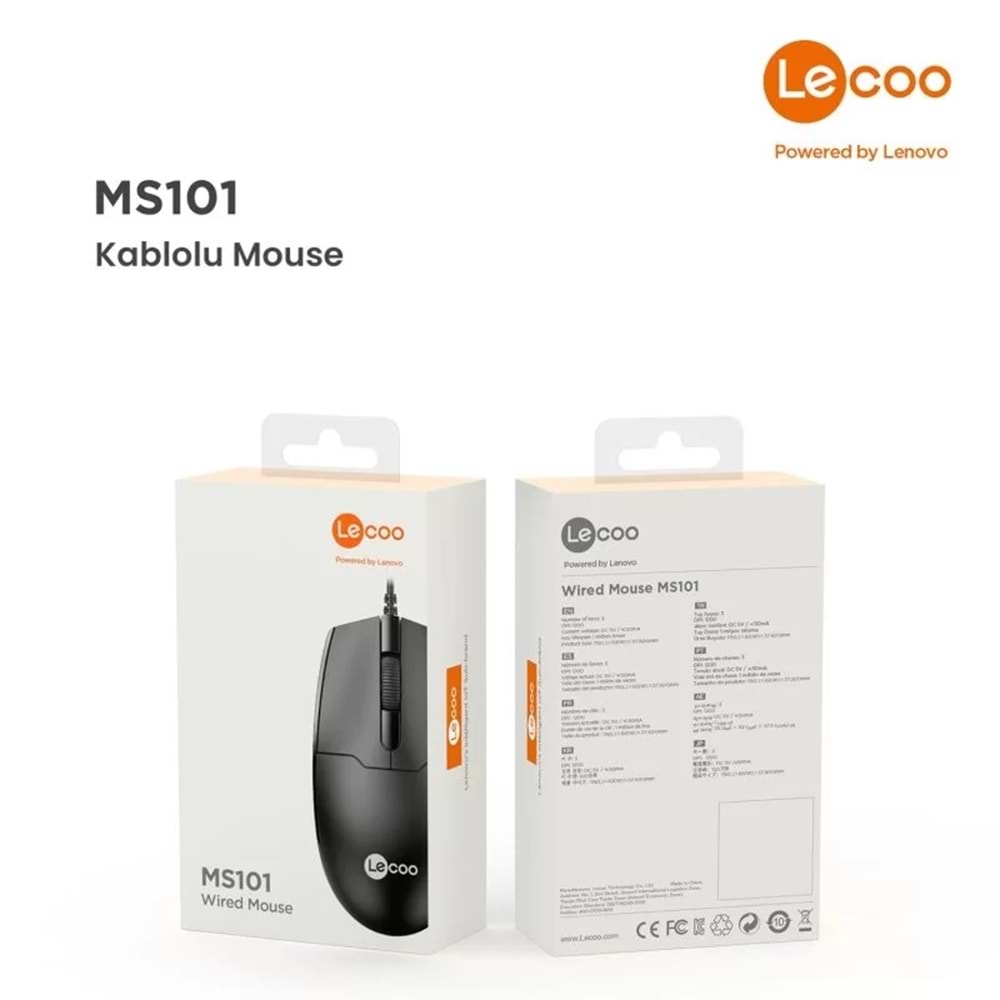 Lenovo Lecoo MS101 USB Kablolu 1200 DPI Optik Mouse Siyah