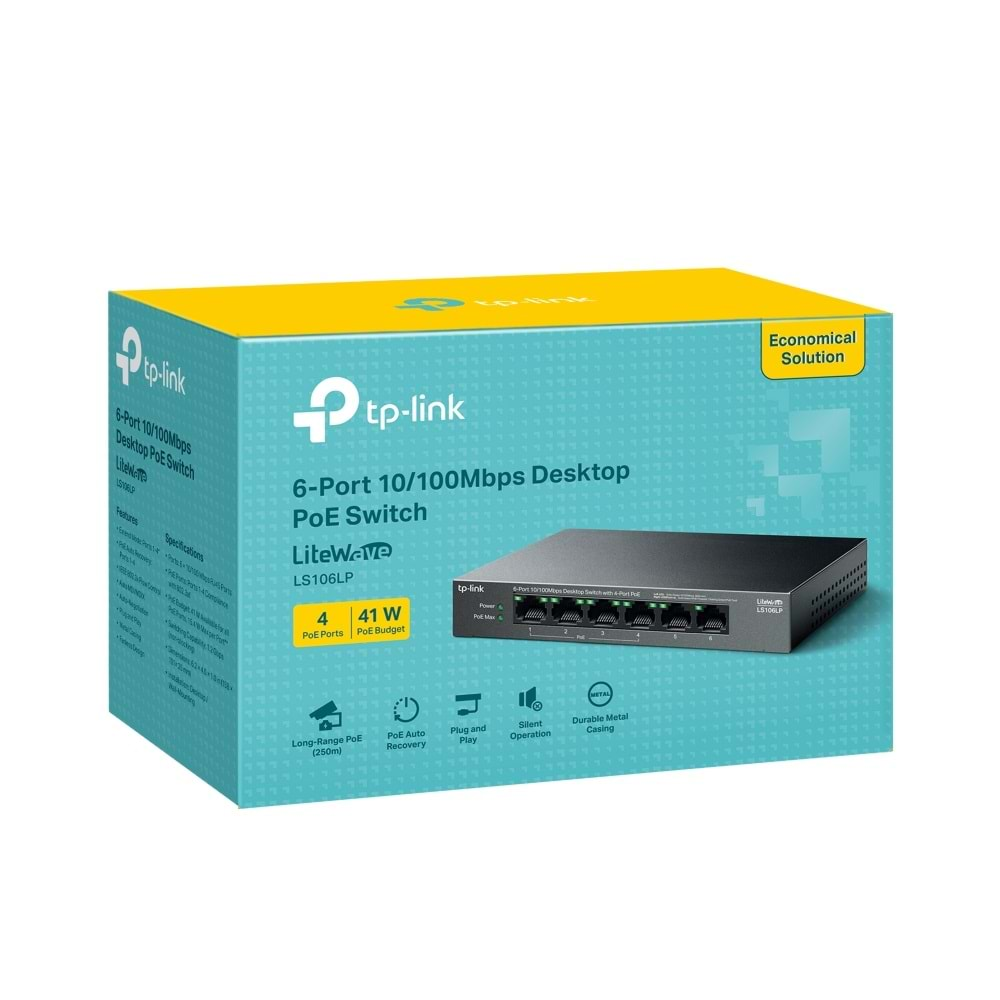 TP-Link LS106LP 4 Port 10/100 + 2 Port RJ45 Uplınk 41W 250M Switch