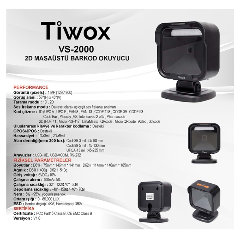 Tiwox VS-2000 2D Masaüstü Karekod Okuyucu