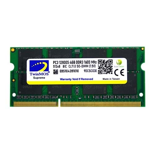 Twinmos MDD34GB1600N 4 GB DDR3 1600 MHz CL11 Notebook Ram